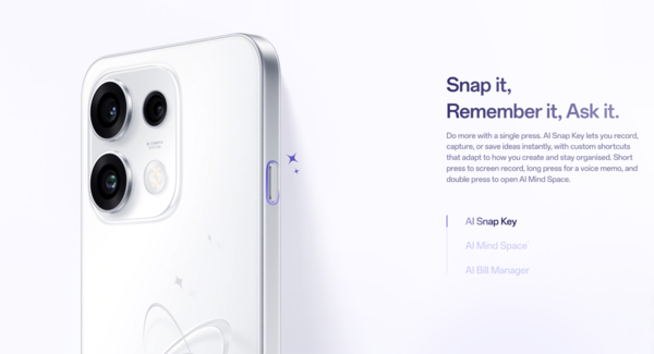 OPPO Reno16 F tích hợp AI Snap Key và AI Mind Space trên ColorOS 16.