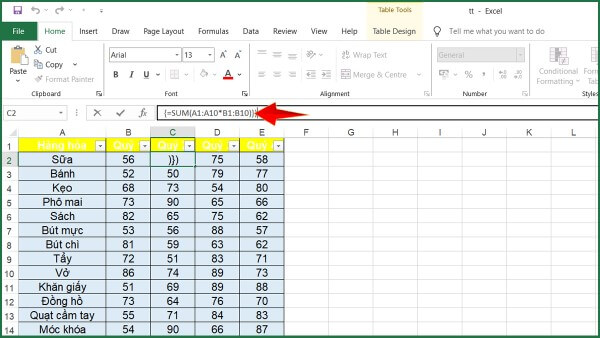 Nhập công thức mảng {=SUM(A1:A10*B1:B10)}