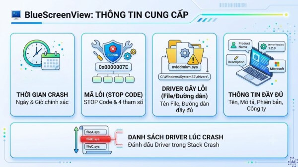 BlueScreenView giúp hiển thị các thông tin hữu ích phục vụ việc phân tích lỗi