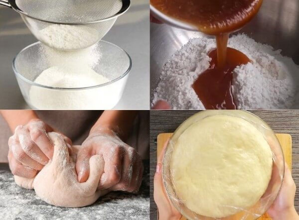 Cho nước đường bánh nướng vào tô trộn cùng các nguyên liệu
