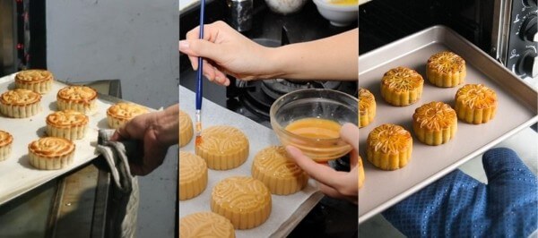 Bánh để nguội khoảng 10 phút rồi quét lớp hỗn hợp lòng đỏ trứng