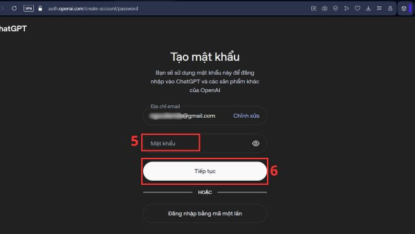 Nhập địa chỉ email và tạo mật khẩu