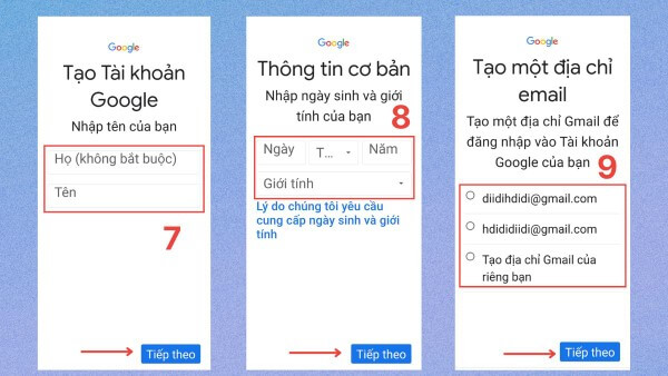 Nhập thông tin người dùng và nhấn Tiếp theo