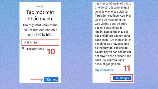 Tạo mật khẩu đủ mạnh và đồng ý với Điều khoản dịch vụ