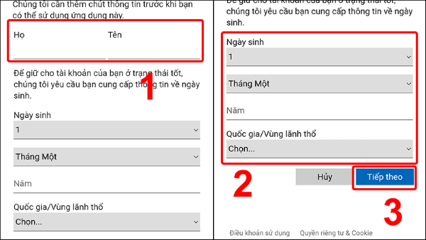 Nhập họ tên, quốc gia và ngày sinh