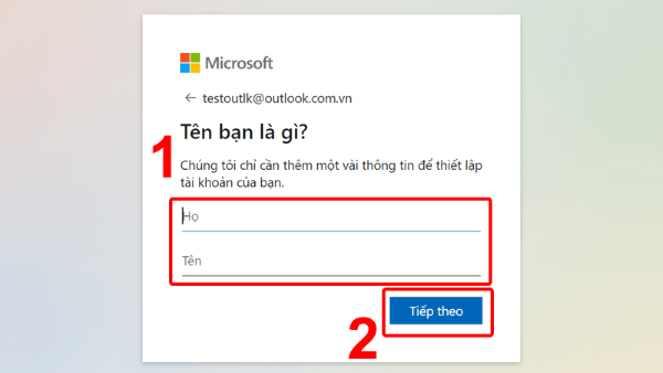 Nhập họ và tên → chọn Tiếp theo
