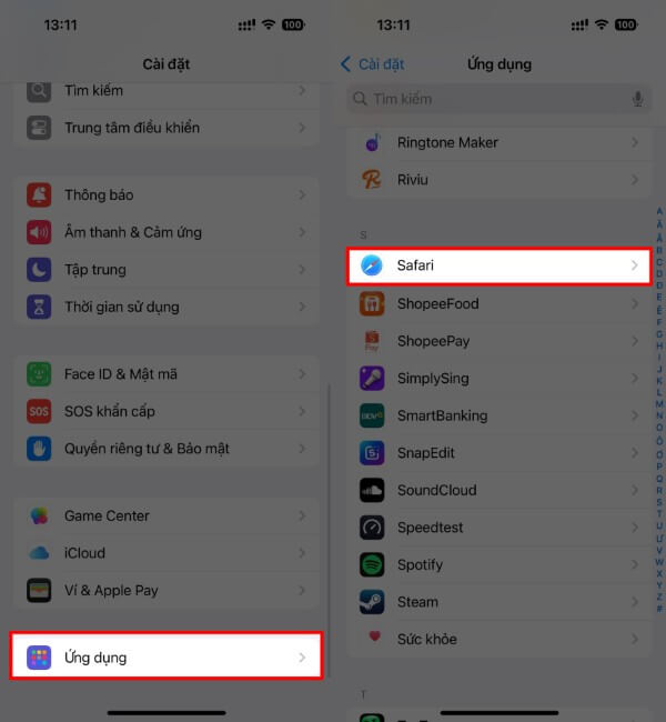 Chọn Ứng dụng → Safari