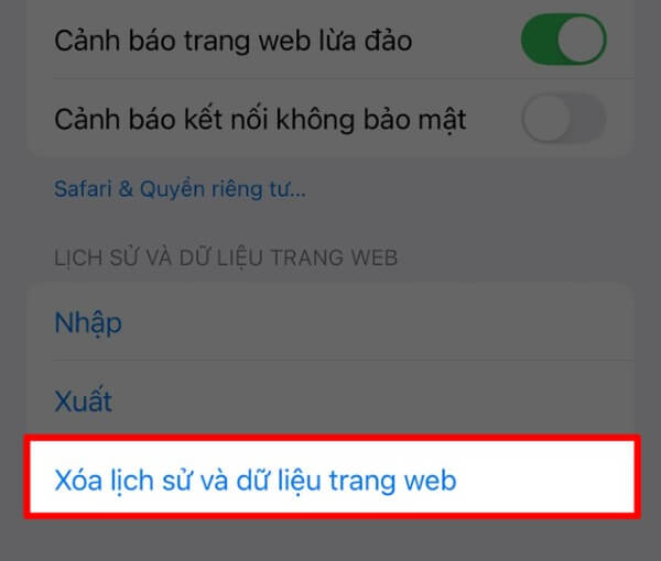 Chọn Xóa lịch sử và dữ liệu trang web