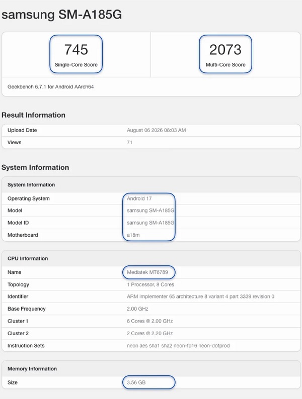 Cấu hình Galaxy A18 4G vừa được hé lộ thông qua dữ liệu thử nghiệm trên Geekbench