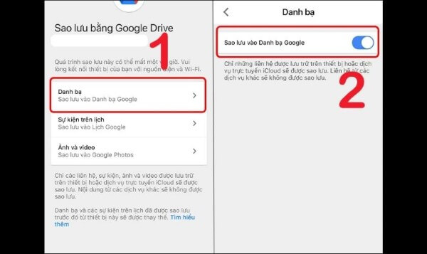 Bật tùy chọn Sao lưu vào Danh bạ Google