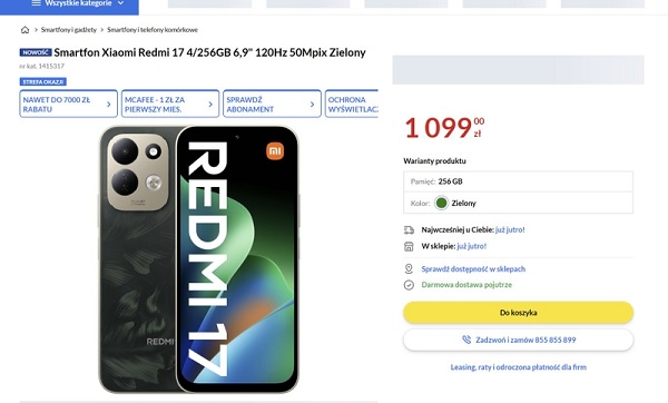 Giá Redmi 17 4G bất ngờ xuất hiện trên hệ thống của một nhà bán lẻ tại Ba Lan