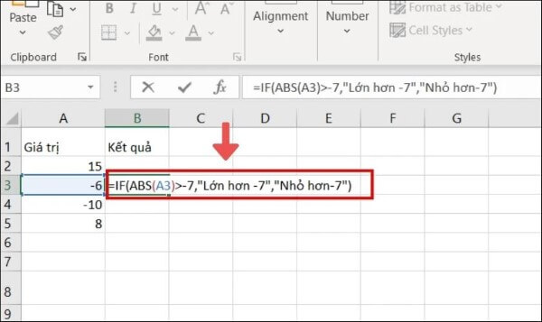 Nhập công thức: =IF(ABS(A3)→-7, “Lớn hơn -7”, “Nhỏ hơn -7”)