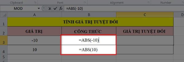 Nhập công thức: =ABS(-10)