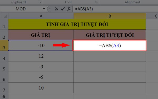 Nhập công thức: =ABS(A3)
