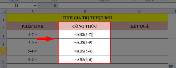 Nhập công thức: =ABS(5-7)