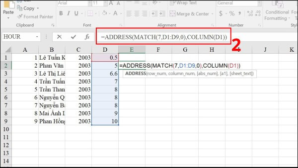 Nhập công thức: =ADDRESS(MATCH(7,D1:D9,0),COLUMN(D1))