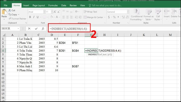Nhập công thức: =INDIRECT(ADDRESS(4,4))