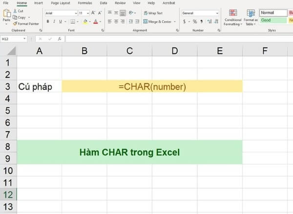 Cú pháp hàm: =CHAR(number)