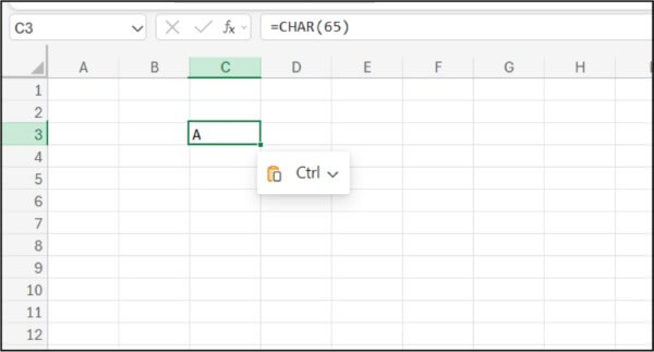 Nhập công thức: =CHAR(65)