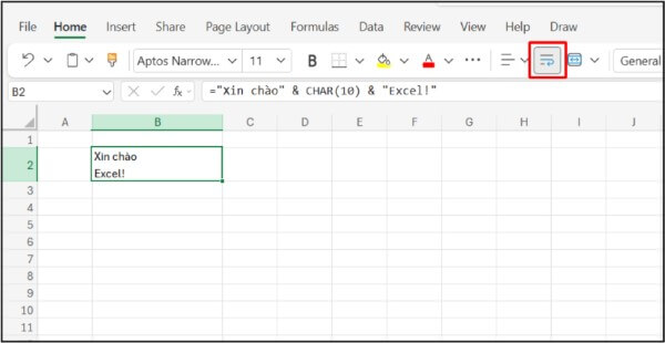 Nhập công thức: ="Xin chào" & CHAR(10) & "Excel!"