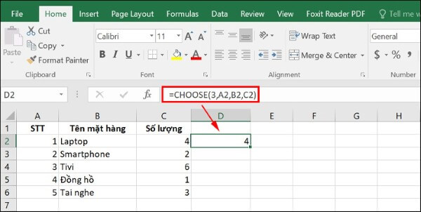 Nhập công thức: =CHOOSE(3,A2,B2,C2)
