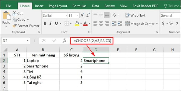 Nhập công thức: =CHOOSE(2,A3,B3,C3)