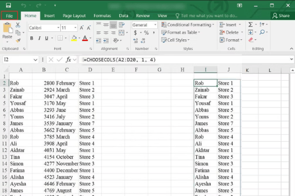 Ví dụ về cấu trúc hàm CHOOSECOLS trong Excel