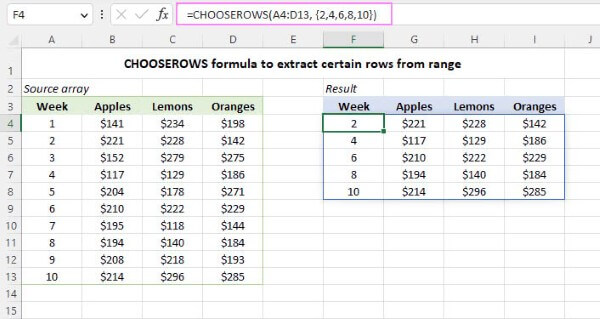 Ví dụ về hàm CHOOSEROWS trong Excel