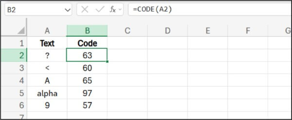 Nhập công thức: =CODE(A2)