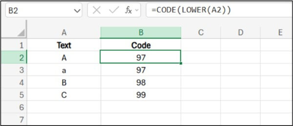 Nhập công thức: =CODE(LOWER(A2))