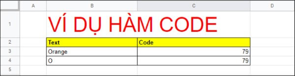 Nhập công thức: =CODE("Orange")