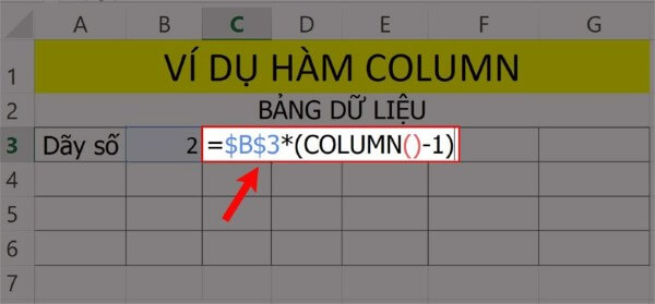 Nhập công thức: =$B$3*(COLUMN()-1)