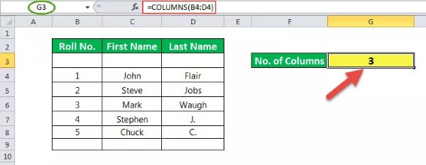 Nhập công thức: =COLUMNS(B4:D4)