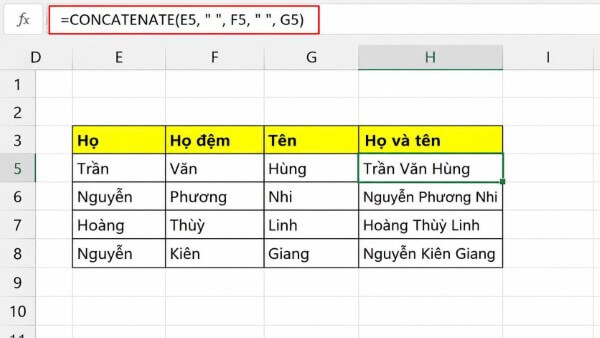 Nhập công thức và kiểm tra kết quả khi sử dụng hàm CONCAT trong Excel