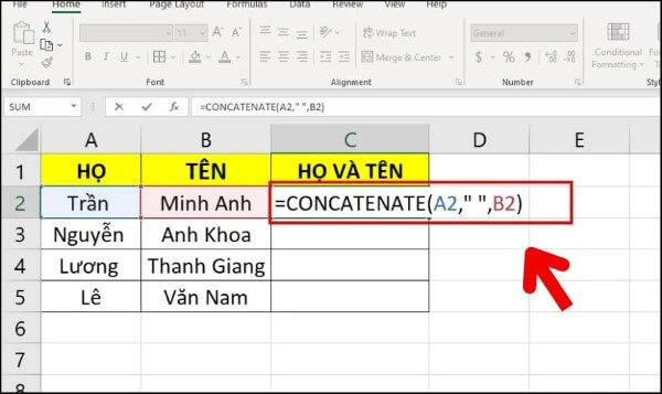Dùng hàm CONCATENATE để nối dữ liệu các cột với nhau