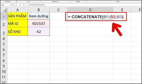 Dùng hàm CONCATENATE để nối dữ liệu trong một mảng bằng cách chọn nhiều ô