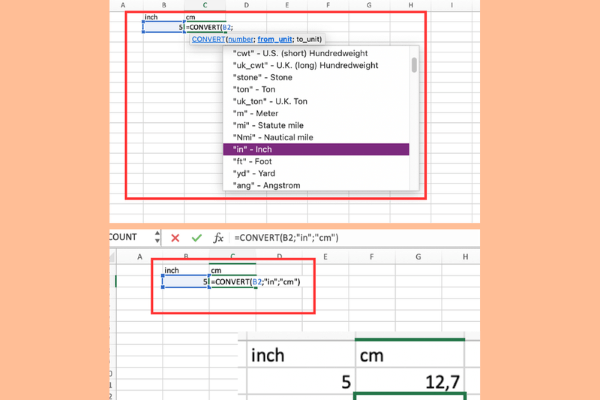 Nhập công thức: =CONVERT(B2,"in","cm")