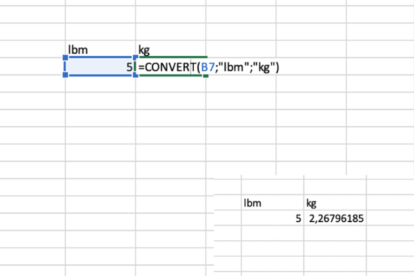 Nhập công thức: =CONVERT(B7,"lbm","kg")