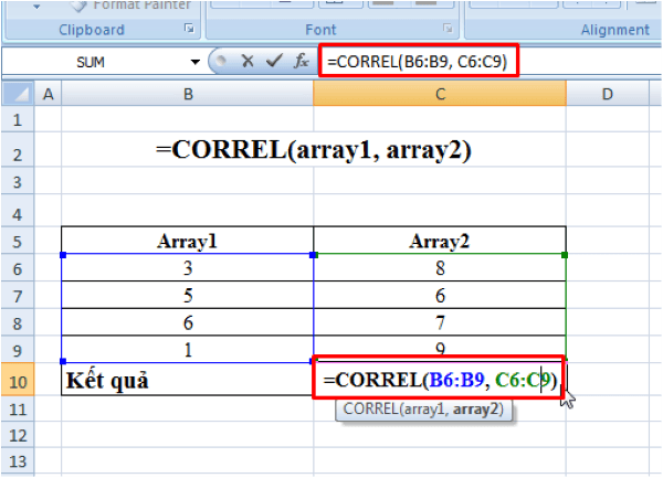 Cú pháp hàm cơ bản sau: =CORREL(array1,array2)