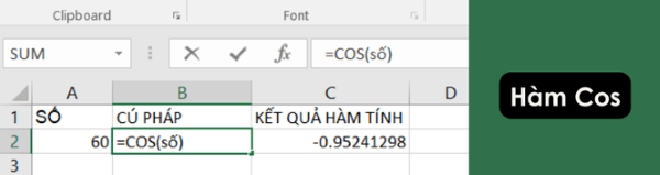 Cú pháp hàm COS: =COS(number)