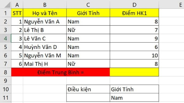 Yêu cầu tính điểm trung bình học kỳ 1 của học sinh nam