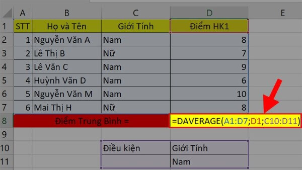 Nhập công thức DAVERAGE.