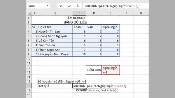Nhập công thức: =DCOUNT(A3:E9,"Ngoại ngữ",E12:E13)