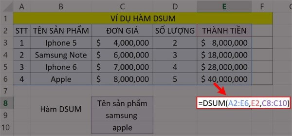 Nhập công thức: =DSUM(A2:E6,E2,C8:C10)