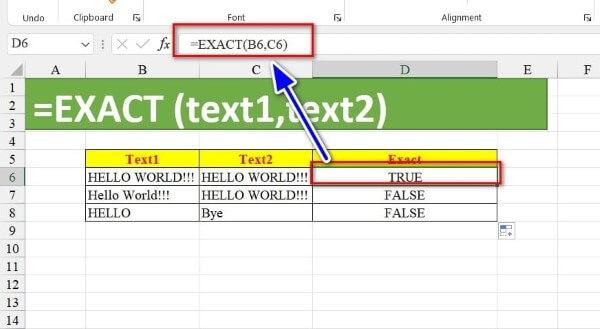 Cú pháp hàm EXACT rất đơn giản: =EXACT(text1,text2)