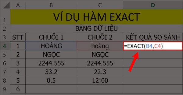 Nhập công thức: =EXACT(B4,C4)
