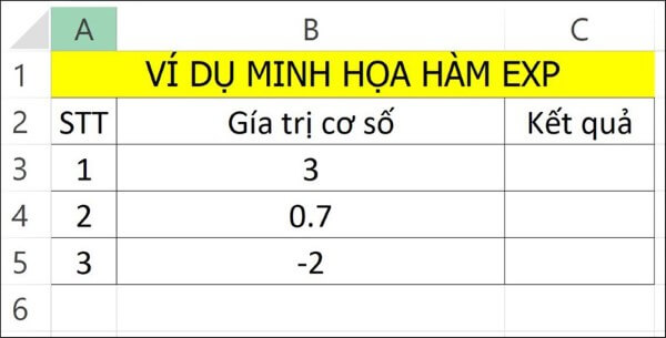 Nhập công thức: =EXP(B3)