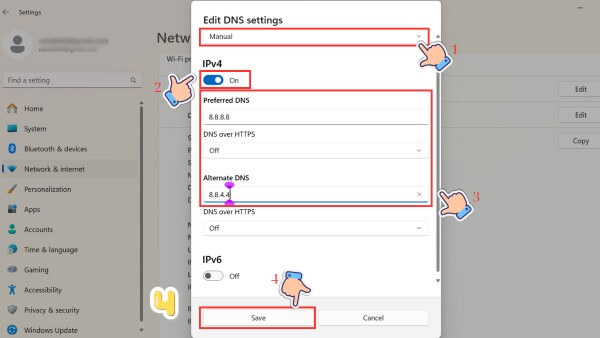 Nhập địa chỉ DNS Google 8.8.8.8 và 8.8.4.4