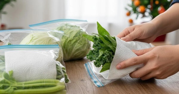 Mẹo bảo quản rau xanh bằng khăn giấy khô trong hộp kín để giữ độ tươi lâu hơn