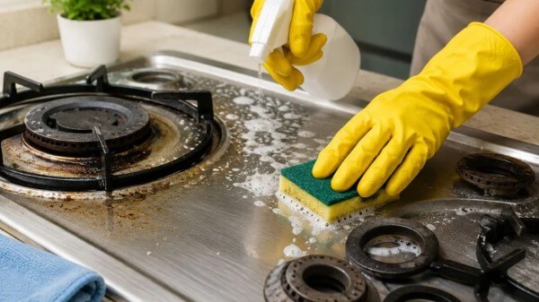 Pha nước ấm với nước rửa chén và một ít baking soda để làm sạch vết dầu mỡ